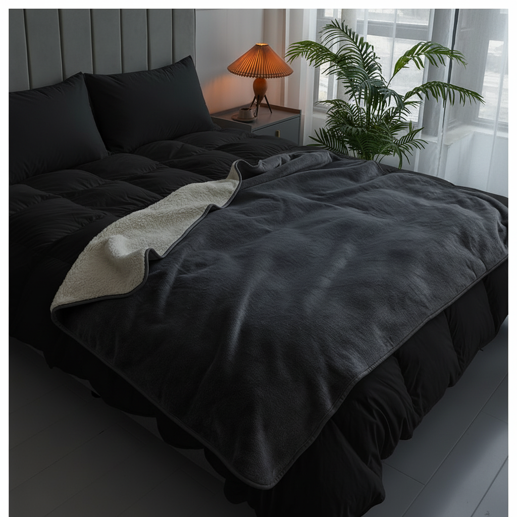 Blanket draped on dark bed
