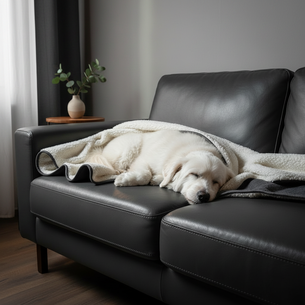 Dog on dark leather sofa