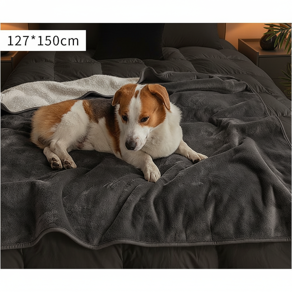 Dog with size label on dark bed